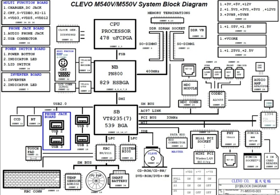 Clevo M540V/M550V - rev 3.0 - Схема материнской платы ноутбука