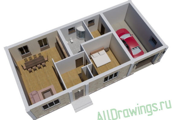 3D model of a single-storey residential building