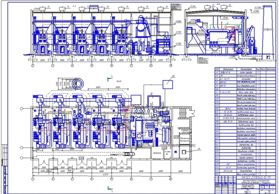Boiler room with boilers dr section plan elevation