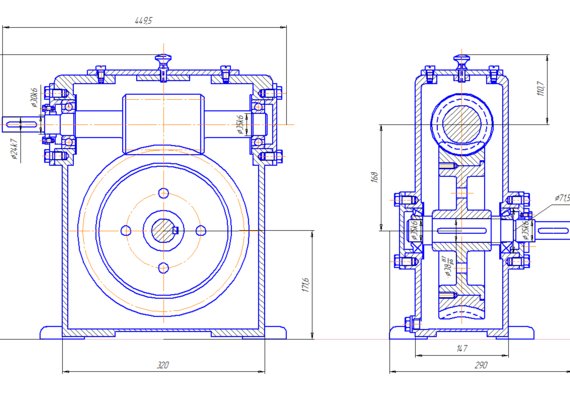 Worm single-stage reduction gear with upper position of worm. 1 Stage Drawing, 2 stage Drawing