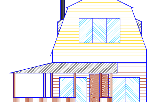 The design of the country house with porch included dimensions on a scale of 1 to 1