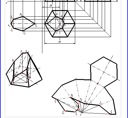 Изметрия и развертка 6-угольной пирамиды