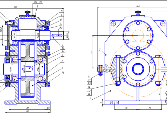 Assembly drawing of cylindrical reduction gear box.