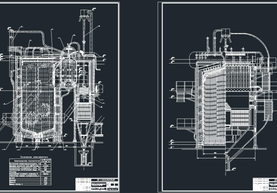 Steam boiler E-50-14GM Transverse and longitudinal sections