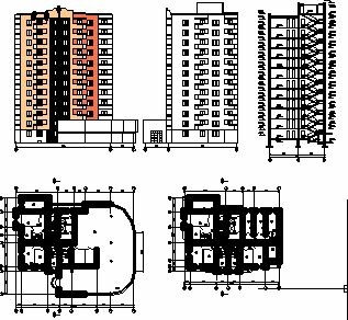 Multi-storey residential building project with floor plans and facades