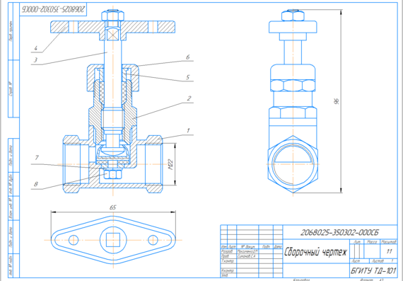Valve assembly drawing with rod, nut housing and valve itself