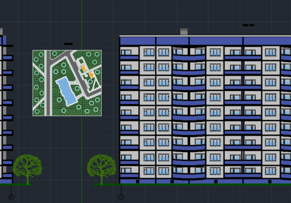 Floor plans and components of a 9-storey residential building