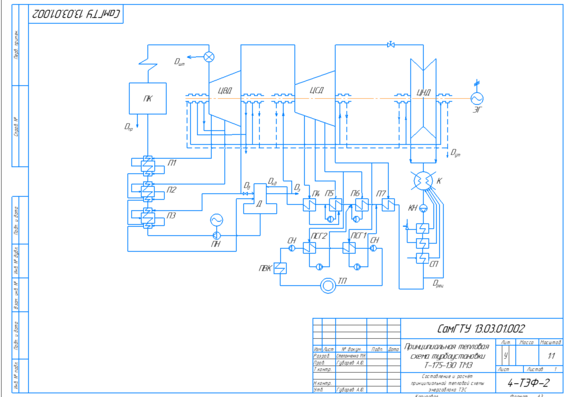 Thermal schematic diagram of thermal power plant with turbine T-175-130 TMZ