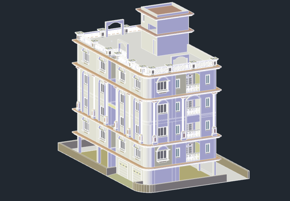 5-storey residential building 3D model in autocade