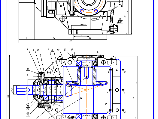 Conical gearbox drawing with all elements