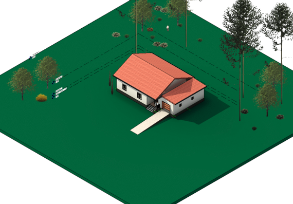3D model of a single-storey individual residential building with a garage