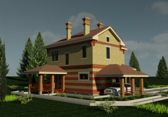 Яркий коттеджный дом с участком, озеленением и машиной