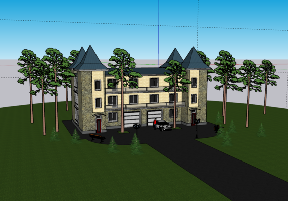 Three-storey cottage in the forest with garage in sketchup