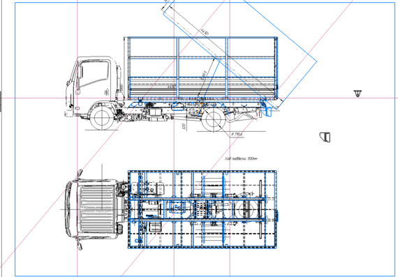 Dimensional drawing of dump truck installation on ISUZU NMR85H