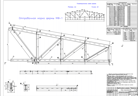 Metal truss with a span of 24 m. Belts of I-beams, lattice of single corners.