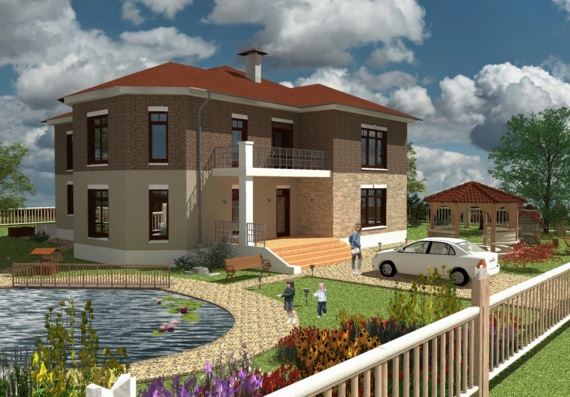 Two-storey residential building with furnishings and landscaped area and swimming pool
