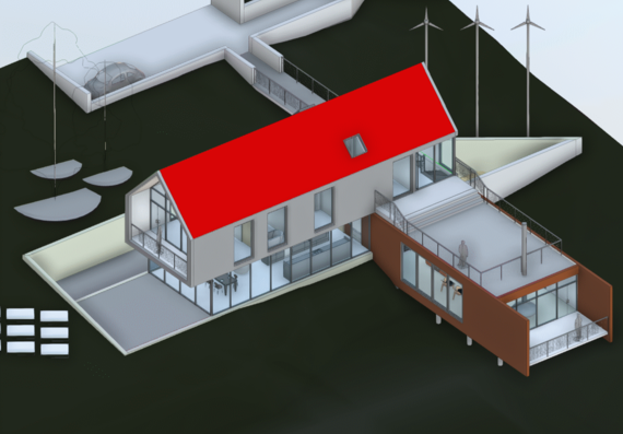 Two-storey residential building with wind turbines in revit