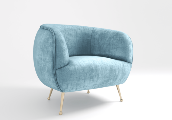 Blue upholstered armchair with wooden legs