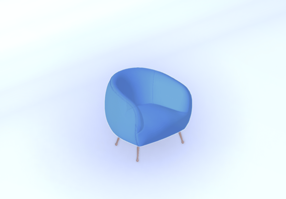 Blue upholstered armchair with wooden legs