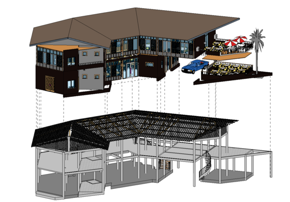 Two-storey restaurant with parking in revit