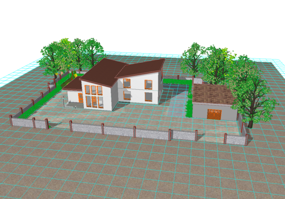 Two-storey individual residential building with detached garage in archicad