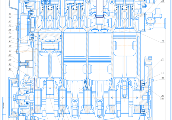 Engine VAZ 21128. Longitudinal and transverse sections