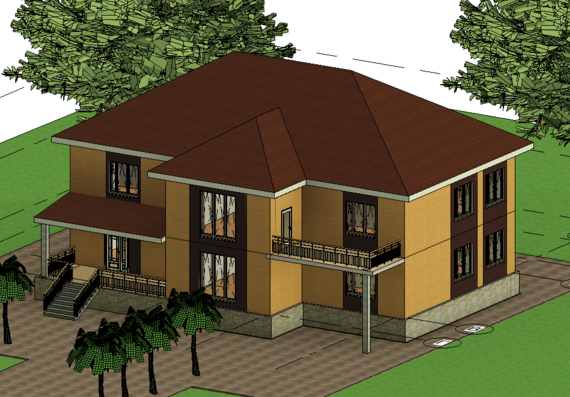 Two-storey house with a terrace and a balcony in revit