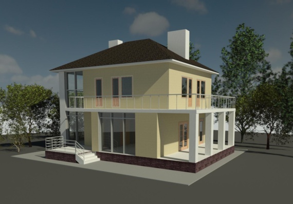 3D model of a two-storey cottage with a terrace and two bedrooms in Revit